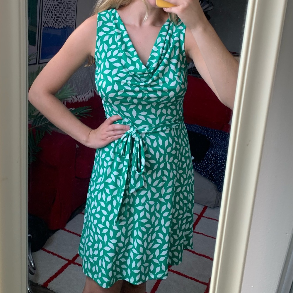 LOFT Green Cowl Neck Dress with White Leaves Small